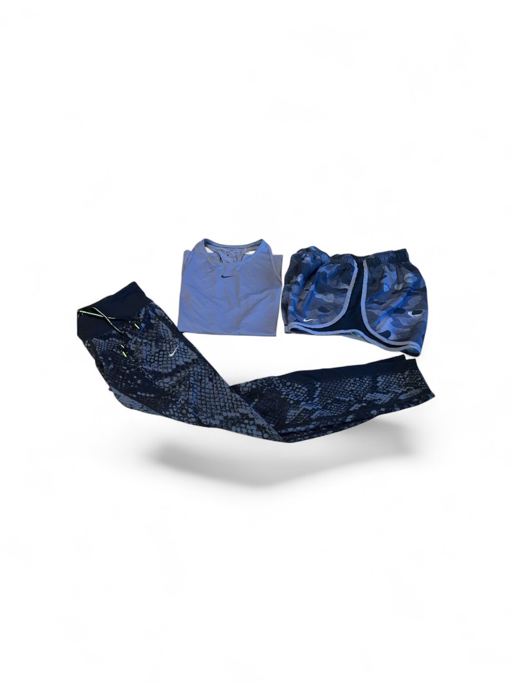 Nike Grey Women’s Tank Top with Black Camo Shorts and Black Snake-Print Leggings
